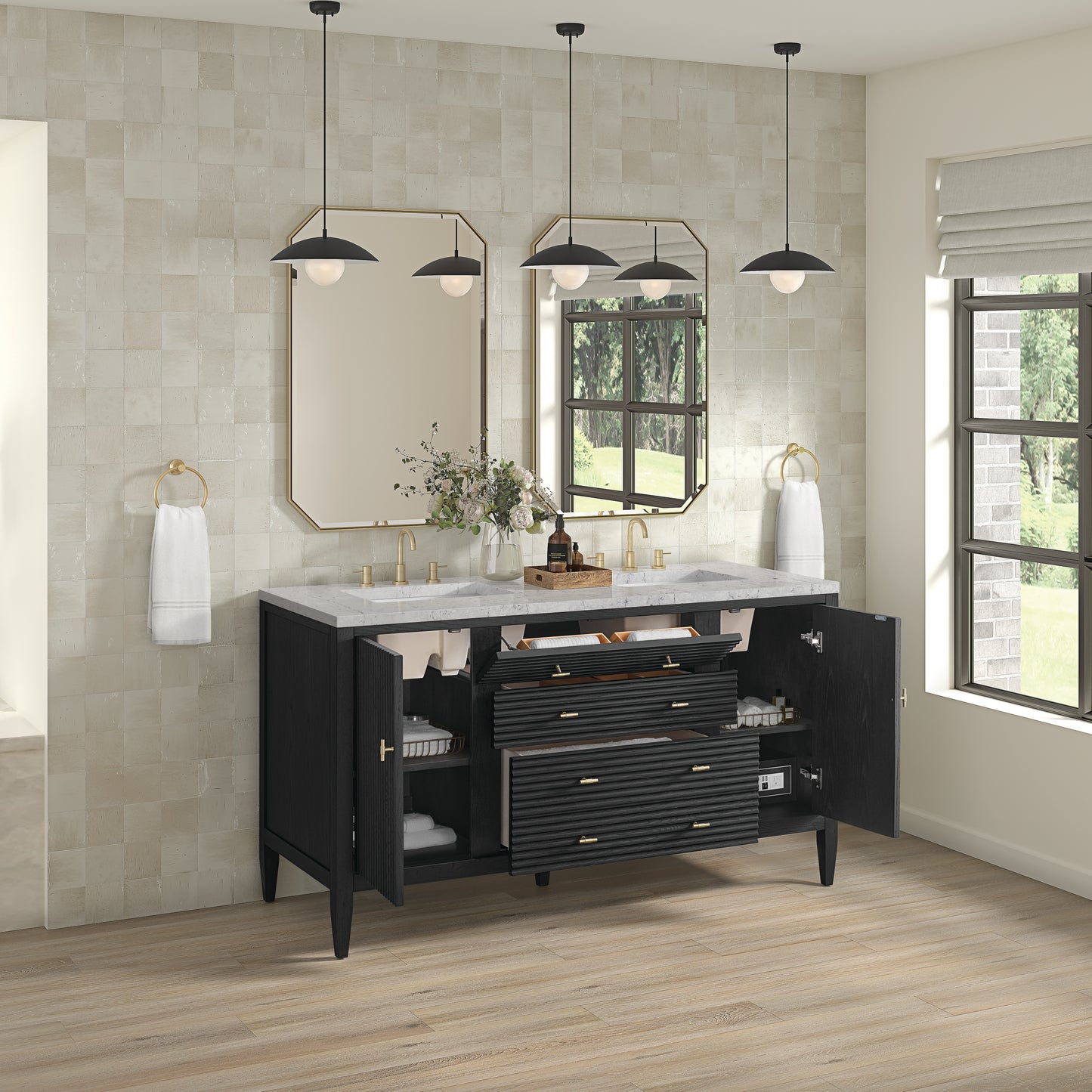 James Martin Vanities Myrrin 60" Carbon Oak Double Vanity With 3 cm Eternal Jasmine Pearl Silestone Top and FreePower Wireless Charger