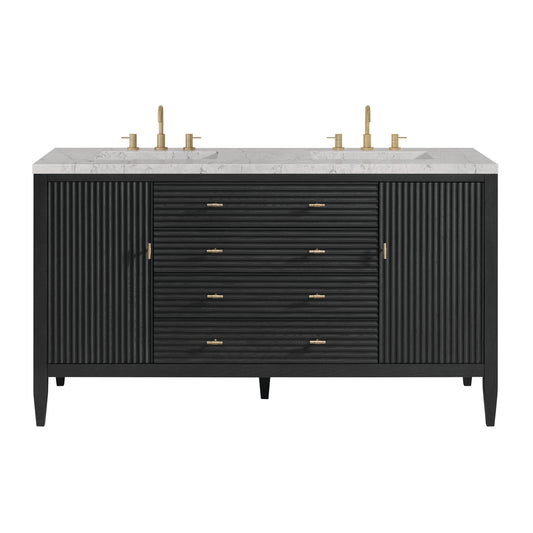 James Martin Vanities Myrrin 60" Carbon Oak Double Vanity With 3 cm Eternal Jasmine Pearl Silestone Top and FreePower Wireless Charger