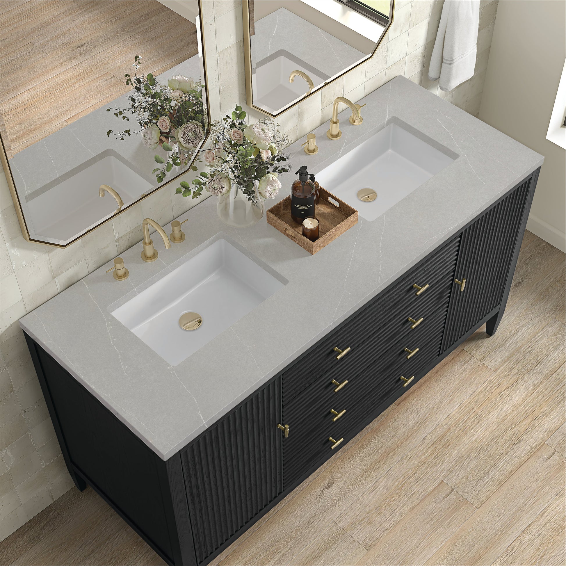 James Martin Vanities Myrrin 60" Carbon Oak Double Vanity With 3 cm Eternal Serena Quartz Top