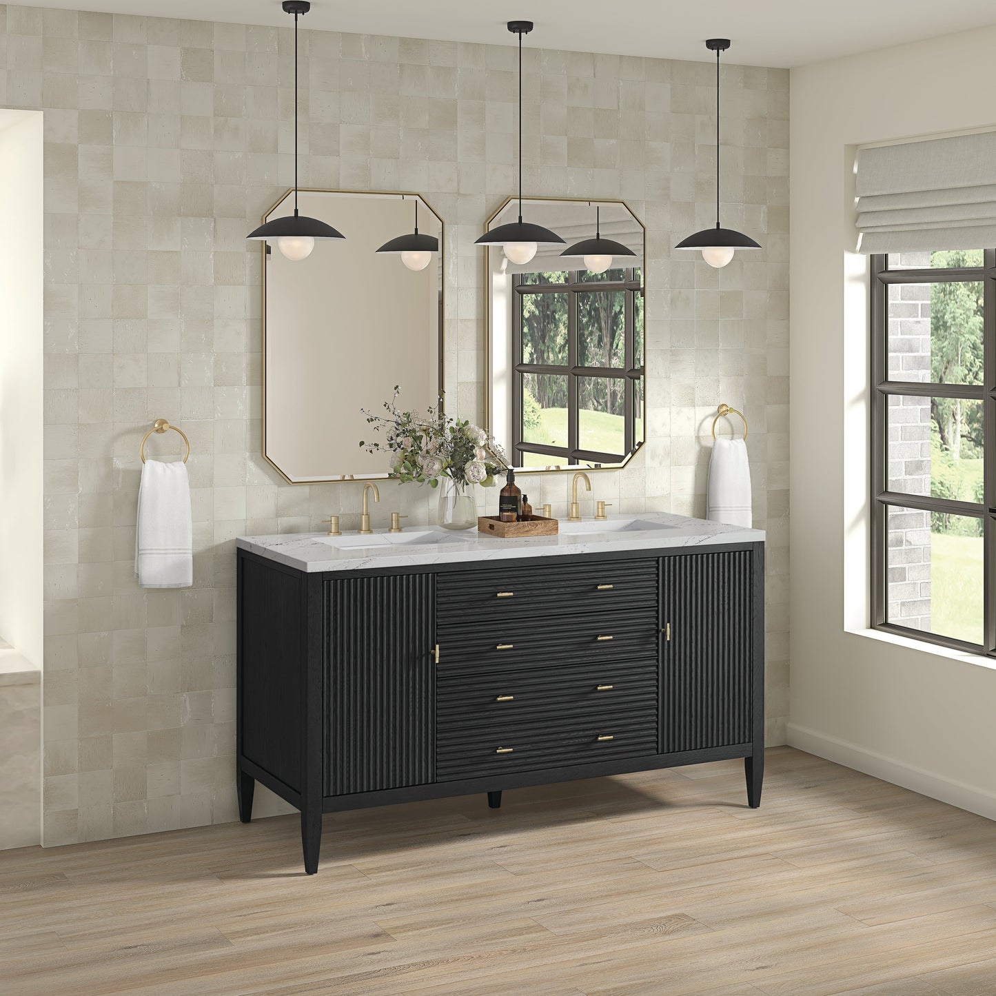 James Martin Vanities Myrrin 60" Carbon Oak Double Vanity With 3 cm Ethereal Noctis Quartz Top