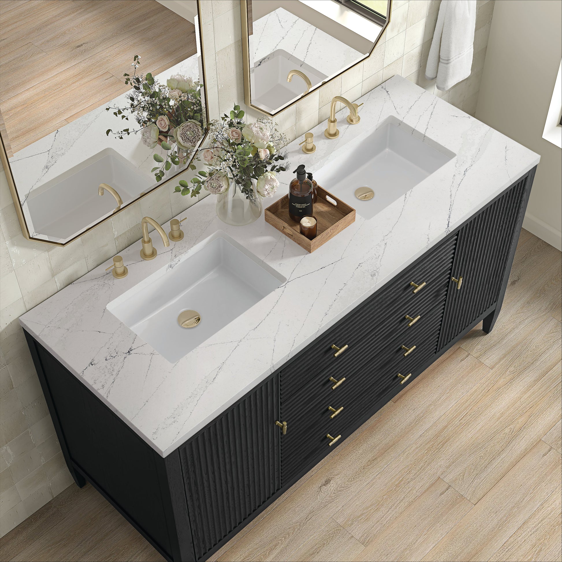 James Martin Vanities Myrrin 60" Carbon Oak Double Vanity With 3 cm Ethereal Noctis Quartz Top