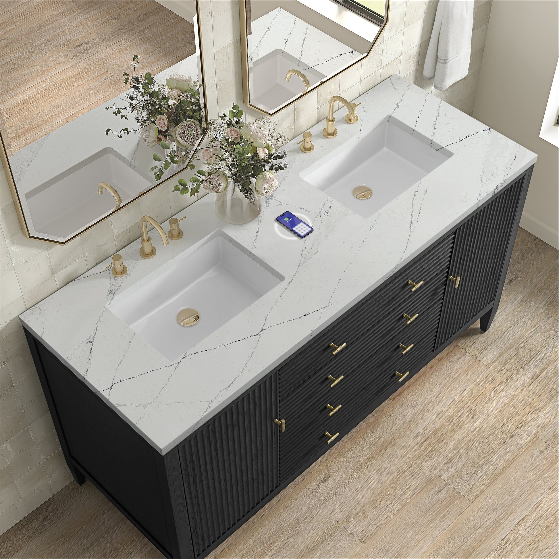 James Martin Vanities Myrrin 60" Carbon Oak Double Vanity With 3 cm Ethereal Noctis Silestone Top and FreePower Wireless Charger