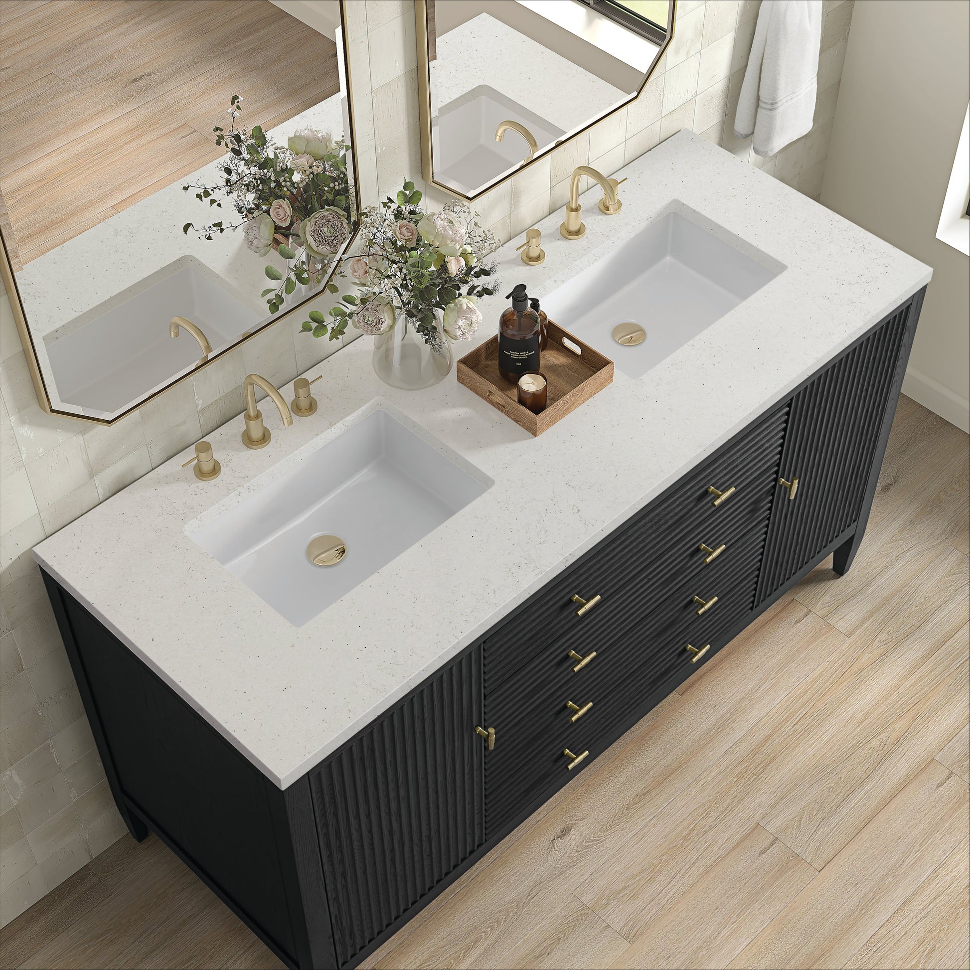 James Martin Vanities Myrrin 60" Carbon Oak Double Vanity With 3 cm Lime Delight Quartz Top