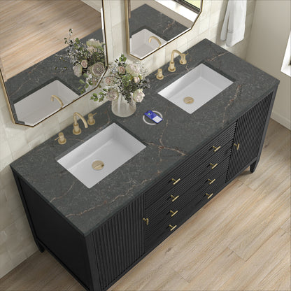 James Martin Vanities Myrrin 60" Carbon Oak Double Vanity With 3 cm Parisien Bleu Silestone Top and FreePower Wireless Charger