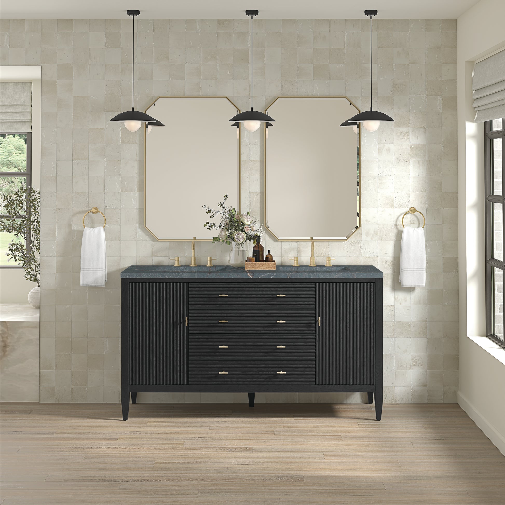 James Martin Vanities Myrrin 60" Carbon Oak Double Vanity With 3 cm Parisien Bleu Silestone Top and FreePower Wireless Charger