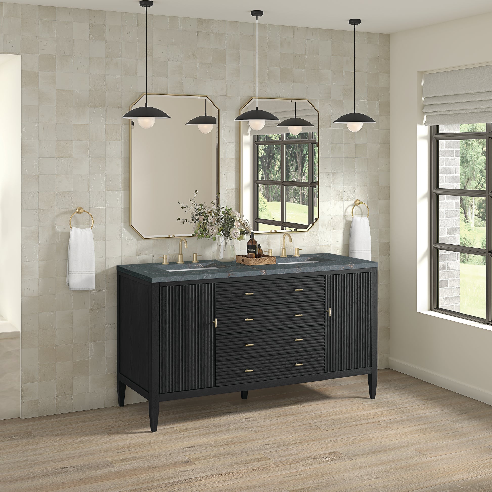 James Martin Vanities Myrrin 60" Carbon Oak Double Vanity With 3 cm Parisien Bleu Silestone Top and FreePower Wireless Charger