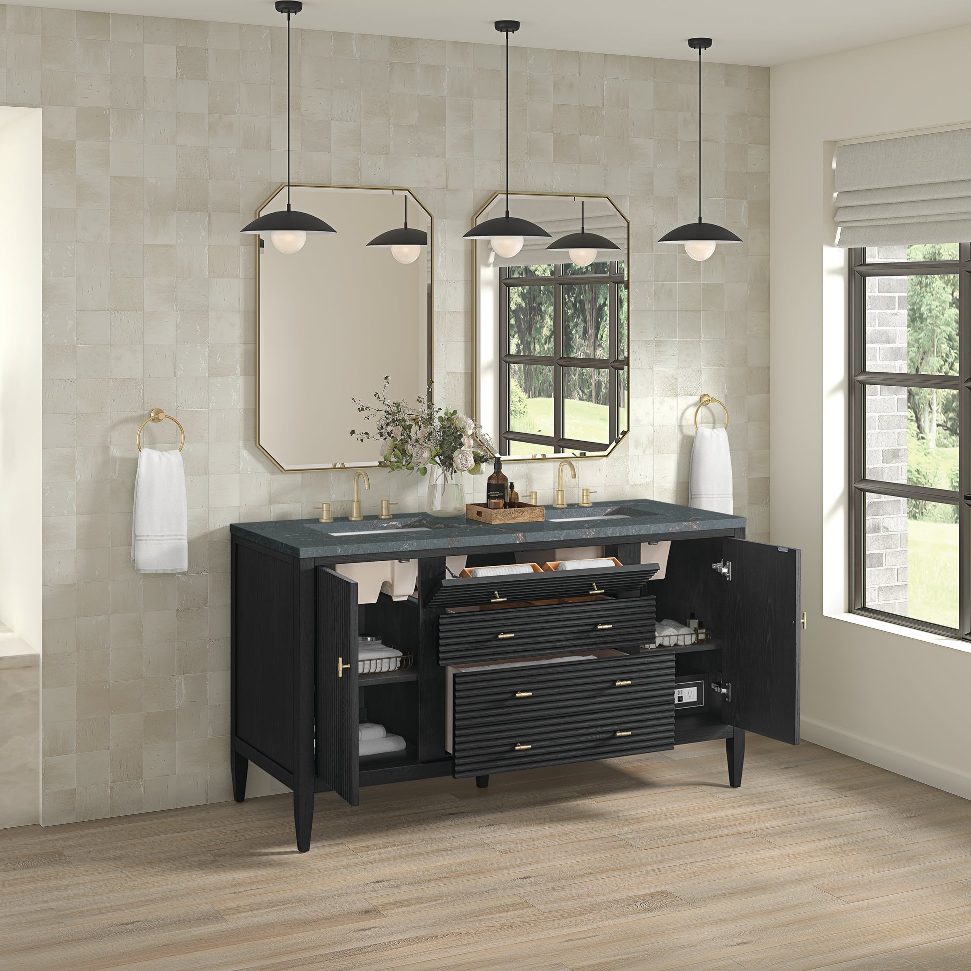 James Martin Vanities Myrrin 60" Carbon Oak Double Vanity With 3 cm Parisien Bleu Silestone Top and FreePower Wireless Charger
