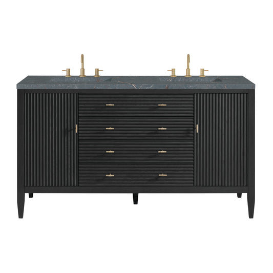 James Martin Vanities Myrrin 60" Carbon Oak Double Vanity With 3 cm Parisien Bleu Silestone Top and FreePower Wireless Charger