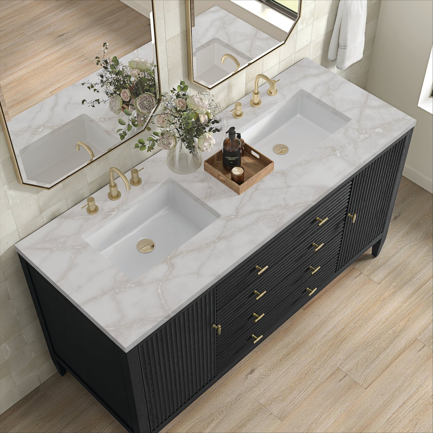 James Martin Vanities Myrrin 60" Carbon Oak Double Vanity With 3 cm Victorian Silver Quartz Top