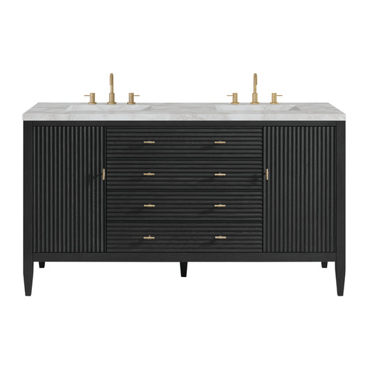 James Martin Vanities Myrrin 60" Carbon Oak Double Vanity With 3 cm Victorian Silver Silestone Top and FreePower Wireless Charger