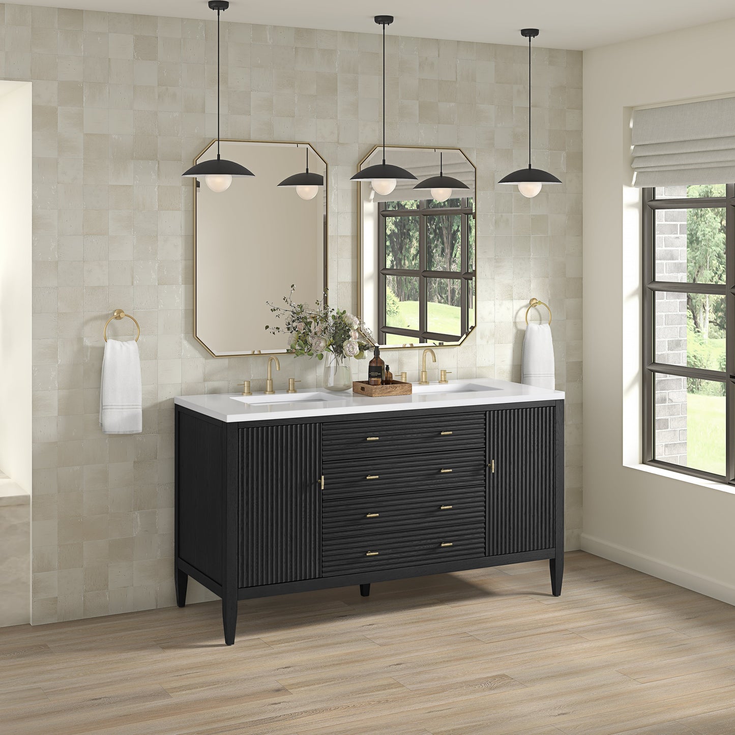 James Martin Vanities Myrrin 60" Carbon Oak Double Vanity With 3 cm White Zeus Quartz Top