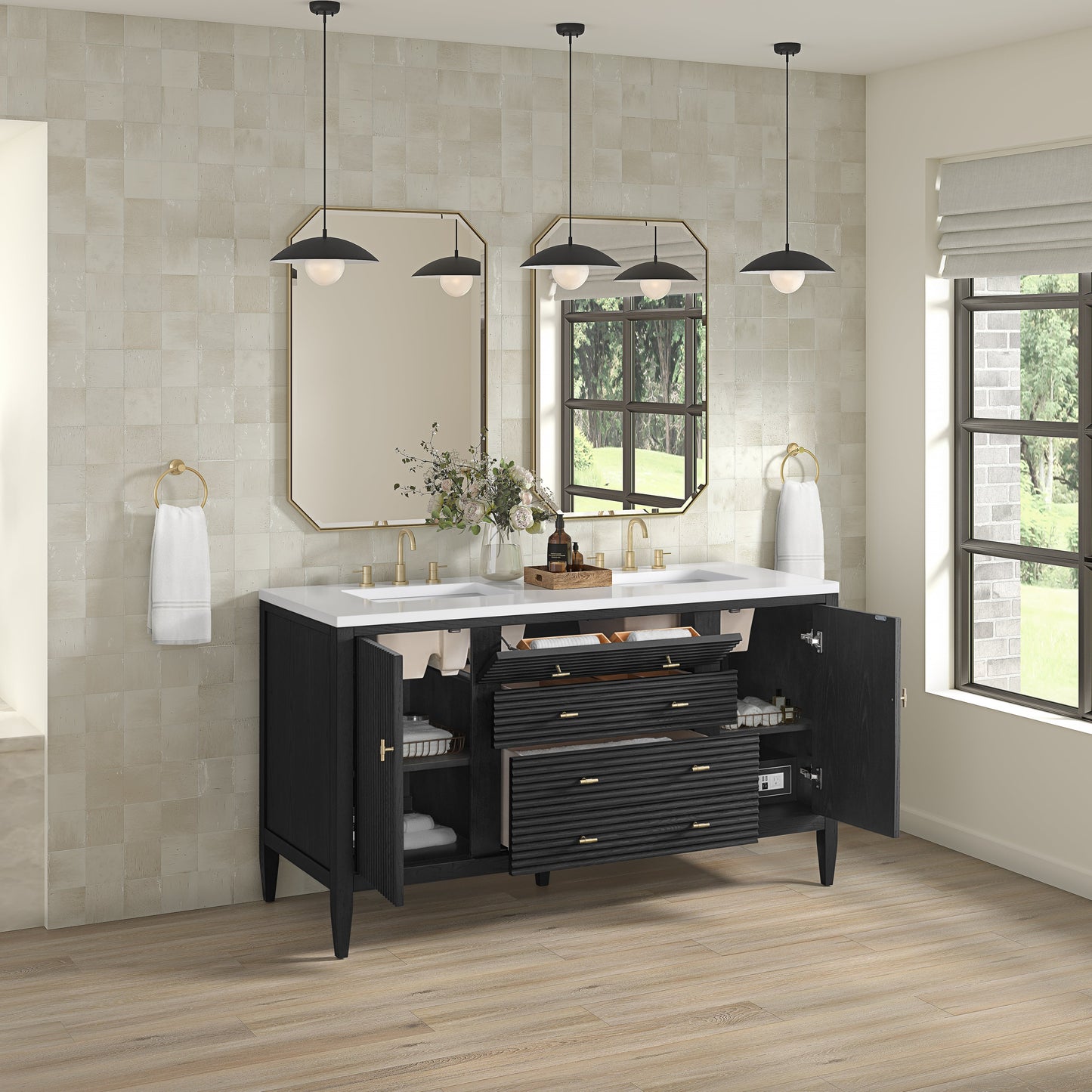 James Martin Vanities Myrrin 60" Carbon Oak Double Vanity With 3 cm White Zeus Quartz Top