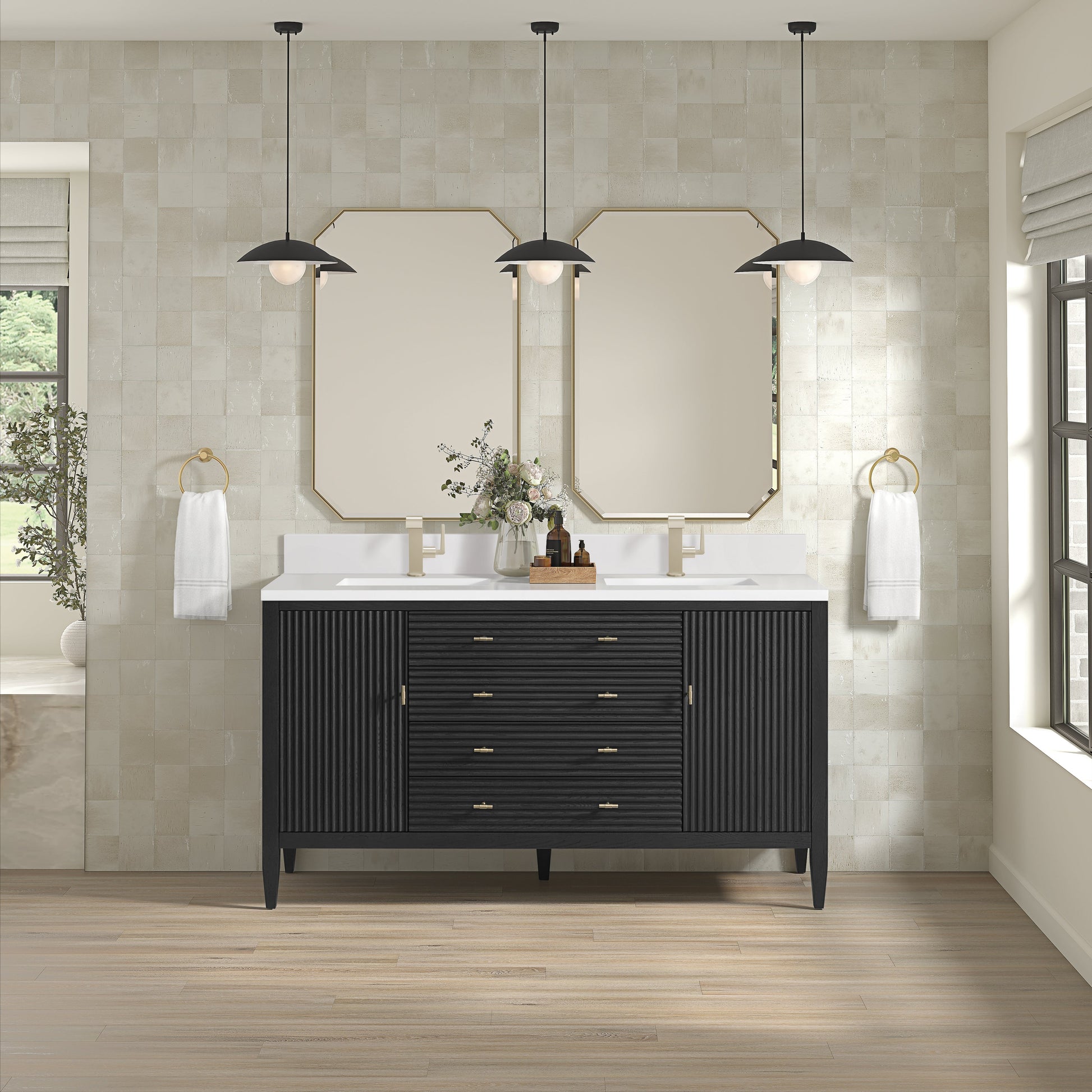 James Martin Vanities Myrrin 60" Carbon Oak Double Vanity With Single Hole 3 cm White Zeus Quartz Top & Backsplash