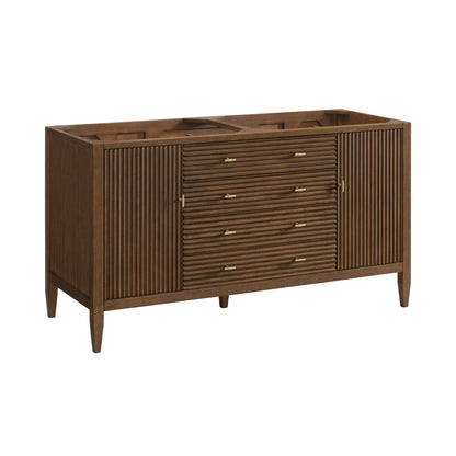 James Martin Vanities Myrrin 60" Mid Century Walnut Double Vanity With 3 cm Arctic Fall Solid Surface Top