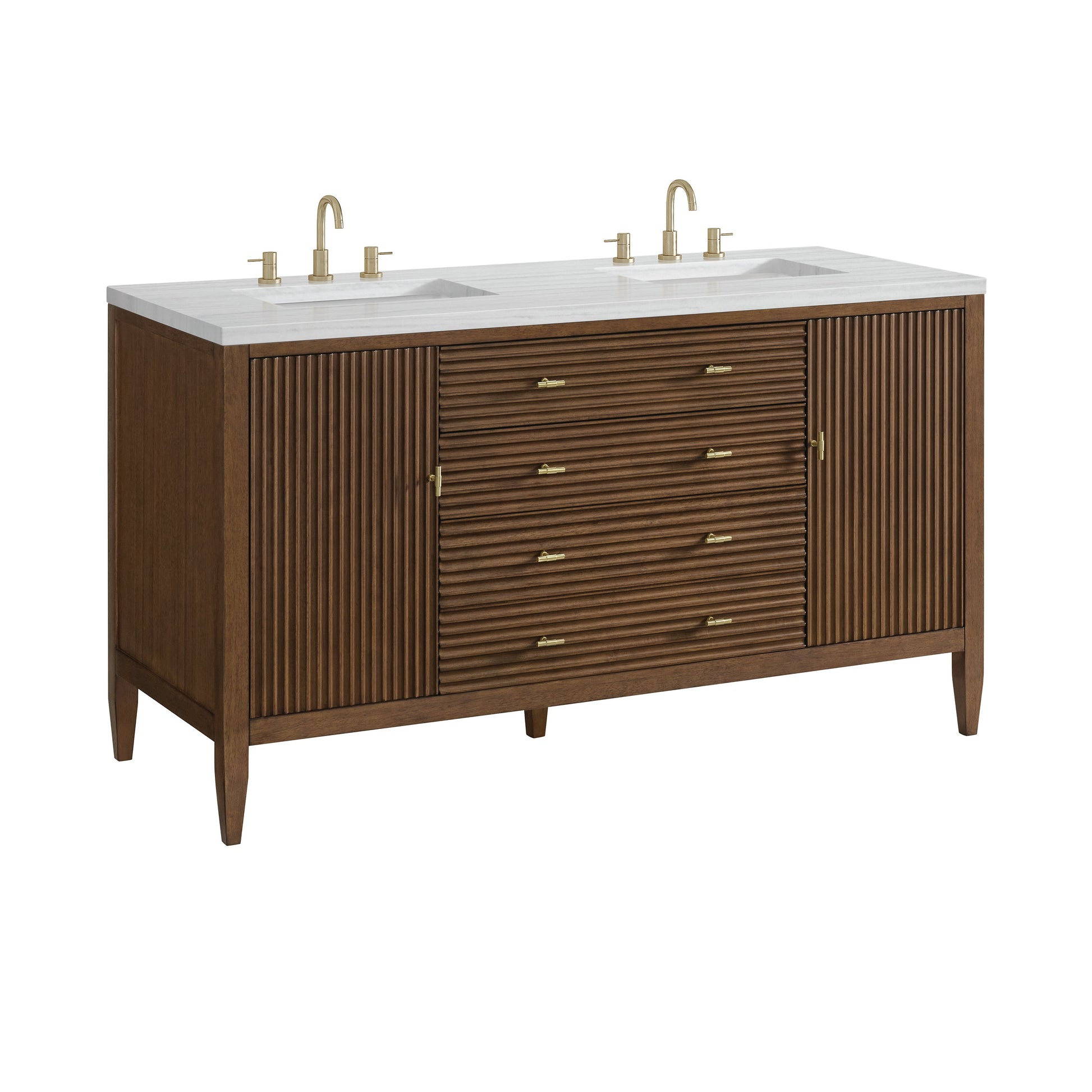 James Martin Vanities Myrrin 60" Mid Century Walnut Double Vanity With 3 cm Arctic Fall Solid Surface Top