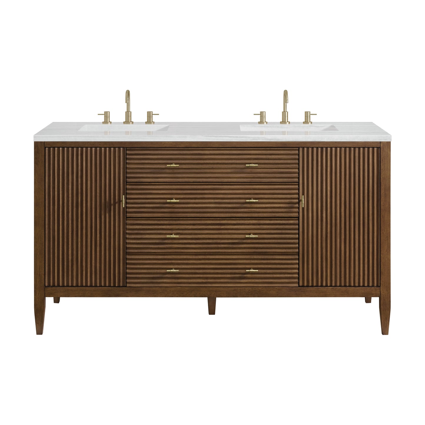 James Martin Vanities Myrrin 60" Mid Century Walnut Double Vanity With 3 cm Arctic Fall Solid Surface Top