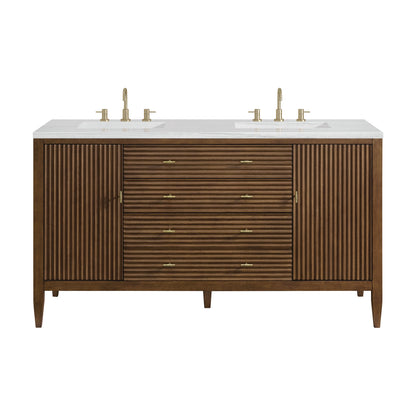 James Martin Vanities Myrrin 60" Mid Century Walnut Double Vanity With 3 cm Arctic Fall Solid Surface Top