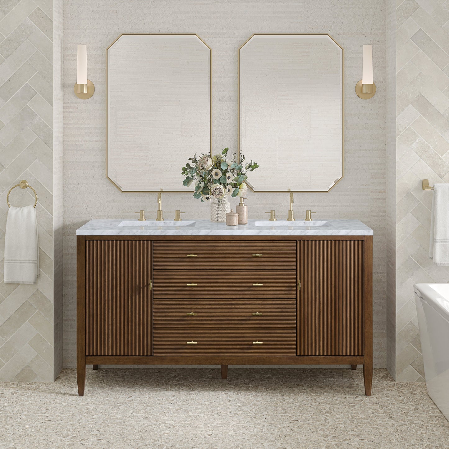 James Martin Vanities Myrrin 60" Mid Century Walnut Double Vanity With 3 cm Carrara White Marble Top