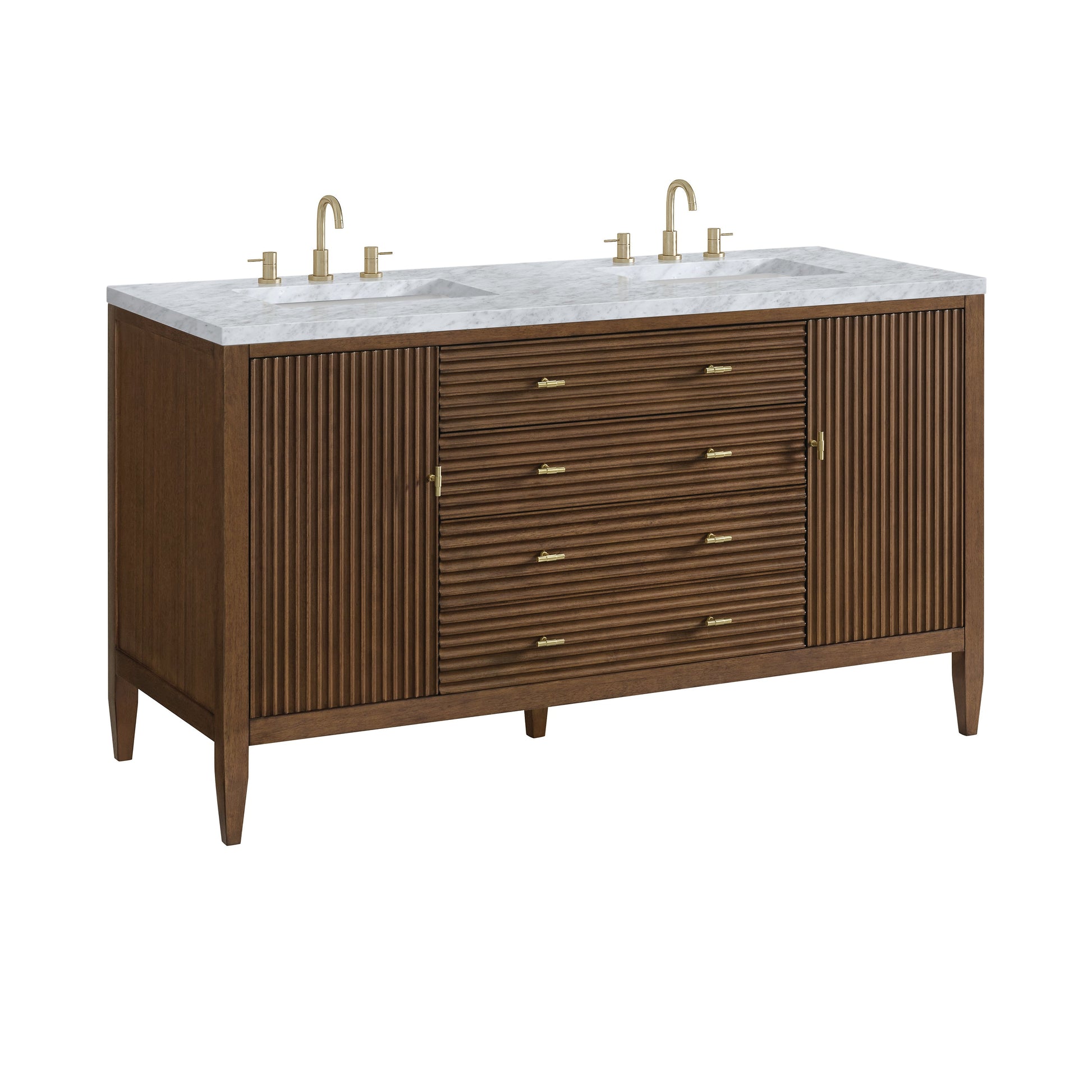 James Martin Vanities Myrrin 60" Mid Century Walnut Double Vanity With 3 cm Carrara White Marble Top