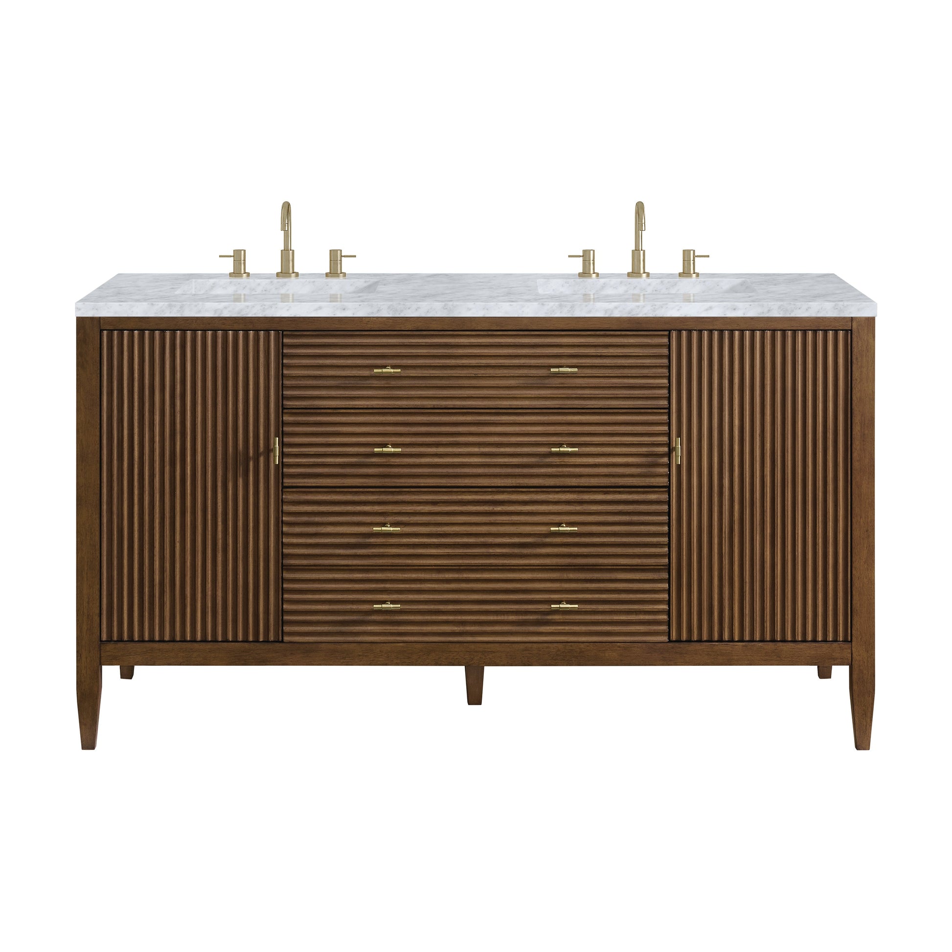 James Martin Vanities Myrrin 60" Mid Century Walnut Double Vanity With 3 cm Carrara White Marble Top