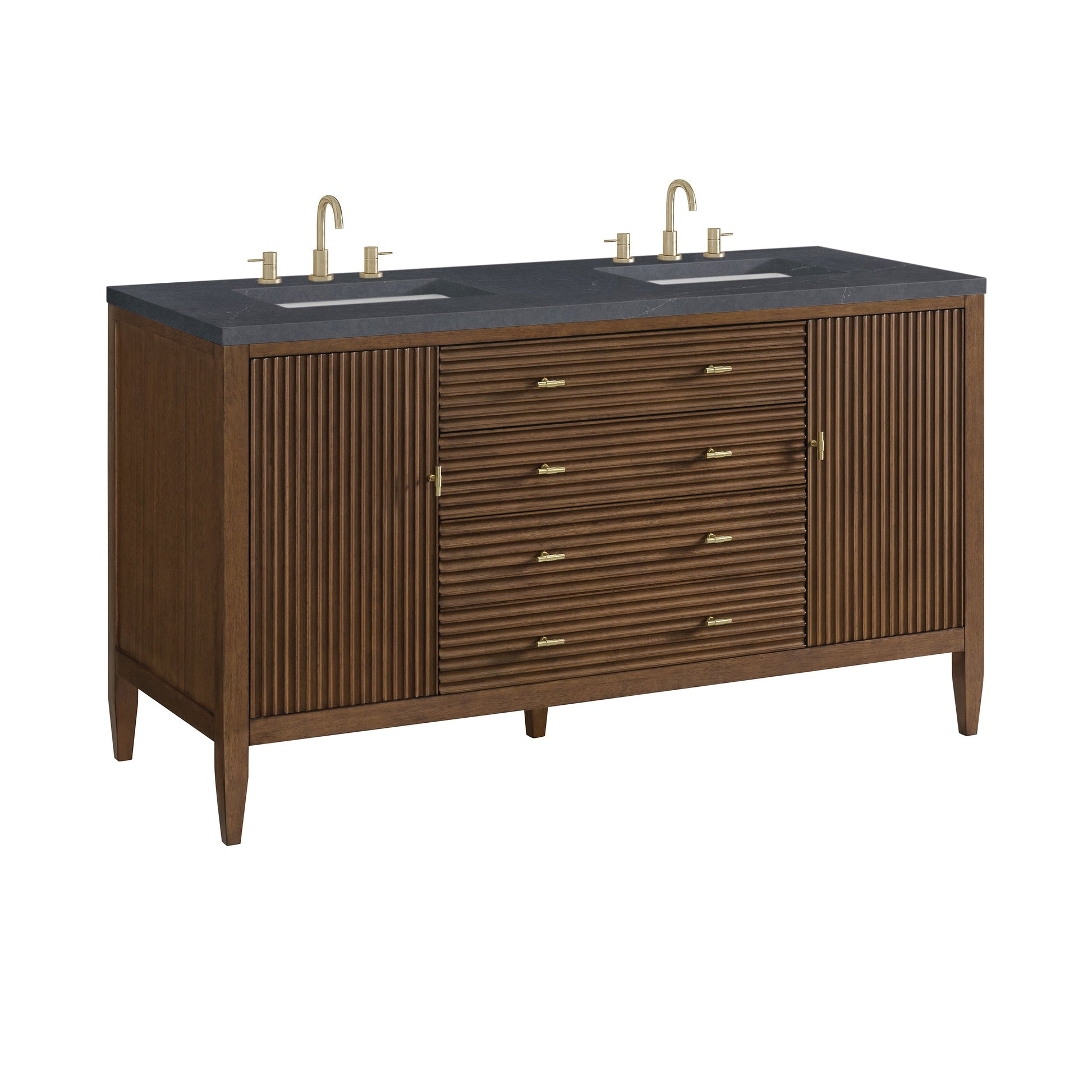 James Martin Vanities Myrrin 60" Mid Century Walnut Double Vanity With 3 cm Charcoal Soapstone Quartz Top