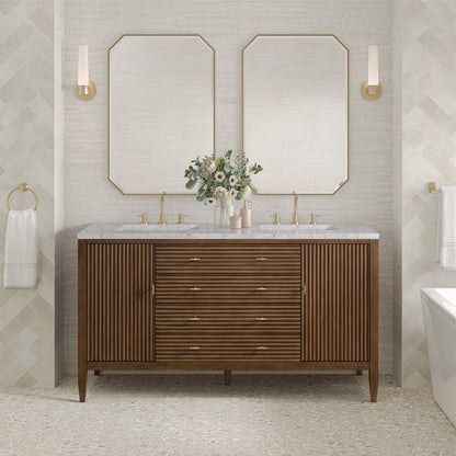 James Martin Vanities Myrrin 60" Mid Century Walnut Double Vanity With 3 cm Eternal Jasmine Pearl Quartz Top