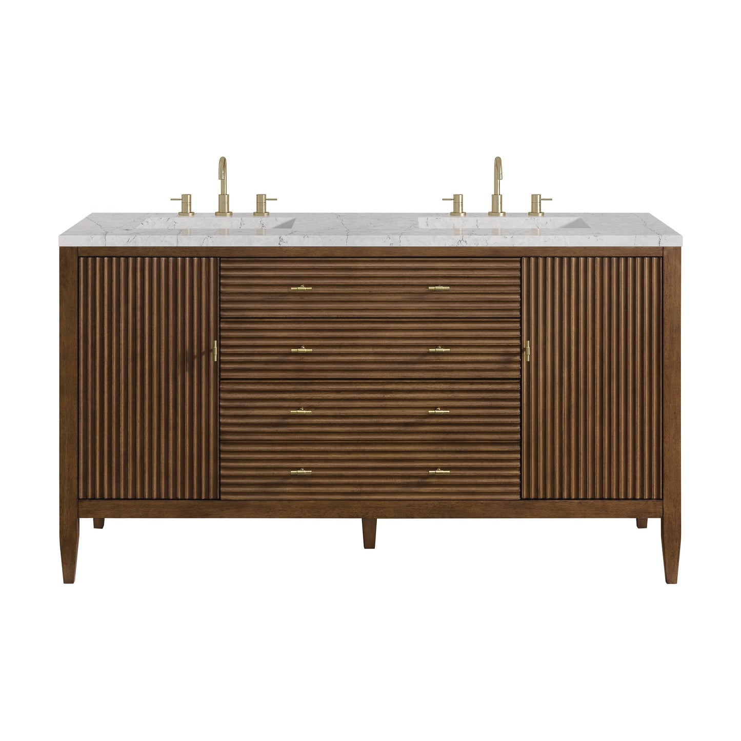 James Martin Vanities Myrrin 60" Mid Century Walnut Double Vanity With 3 cm Eternal Jasmine Pearl Quartz Top