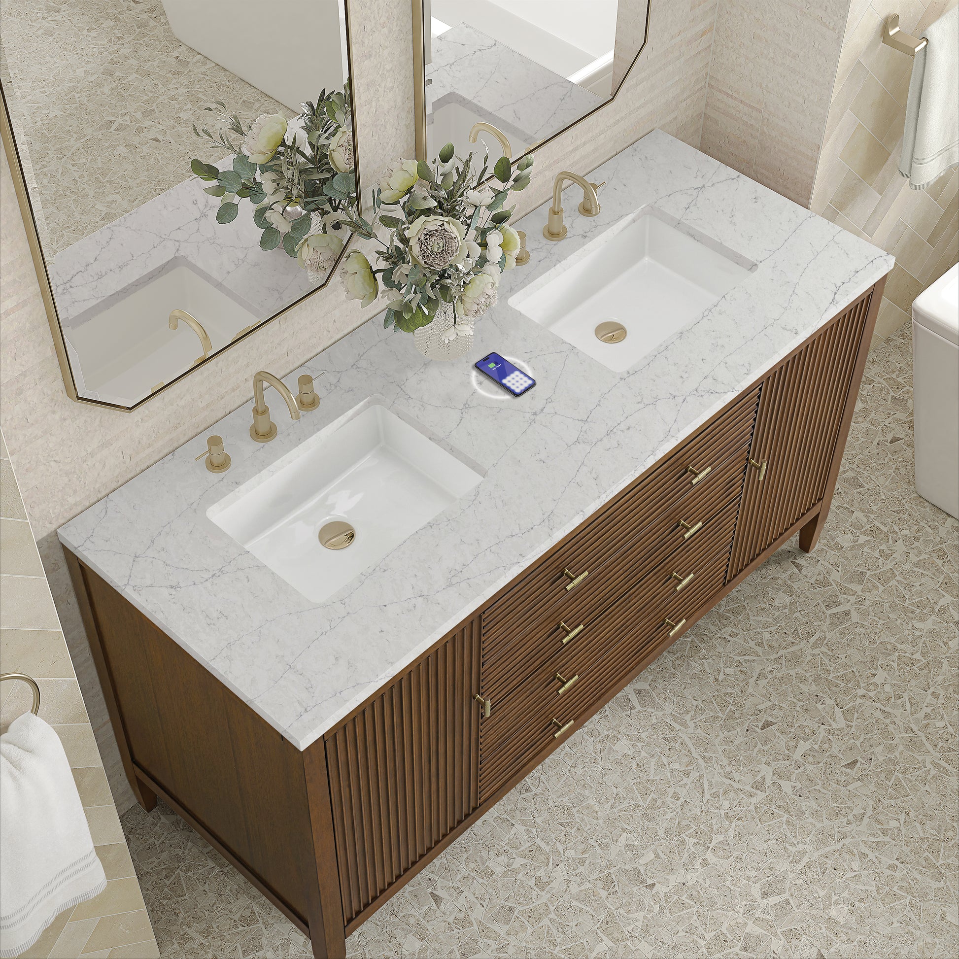 James Martin Vanities Myrrin 60" Mid-Century Walnut Double Vanity With 3 cm Eternal Jasmine Pearl Silestone Top and FreePower Wireless Charger