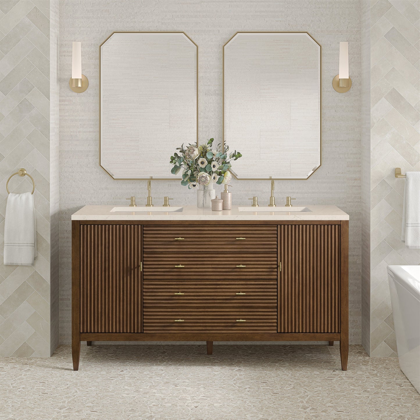 James Martin Vanities Myrrin 60" Mid Century Walnut Double Vanity With 3 cm Eternal Marfil Quartz Top