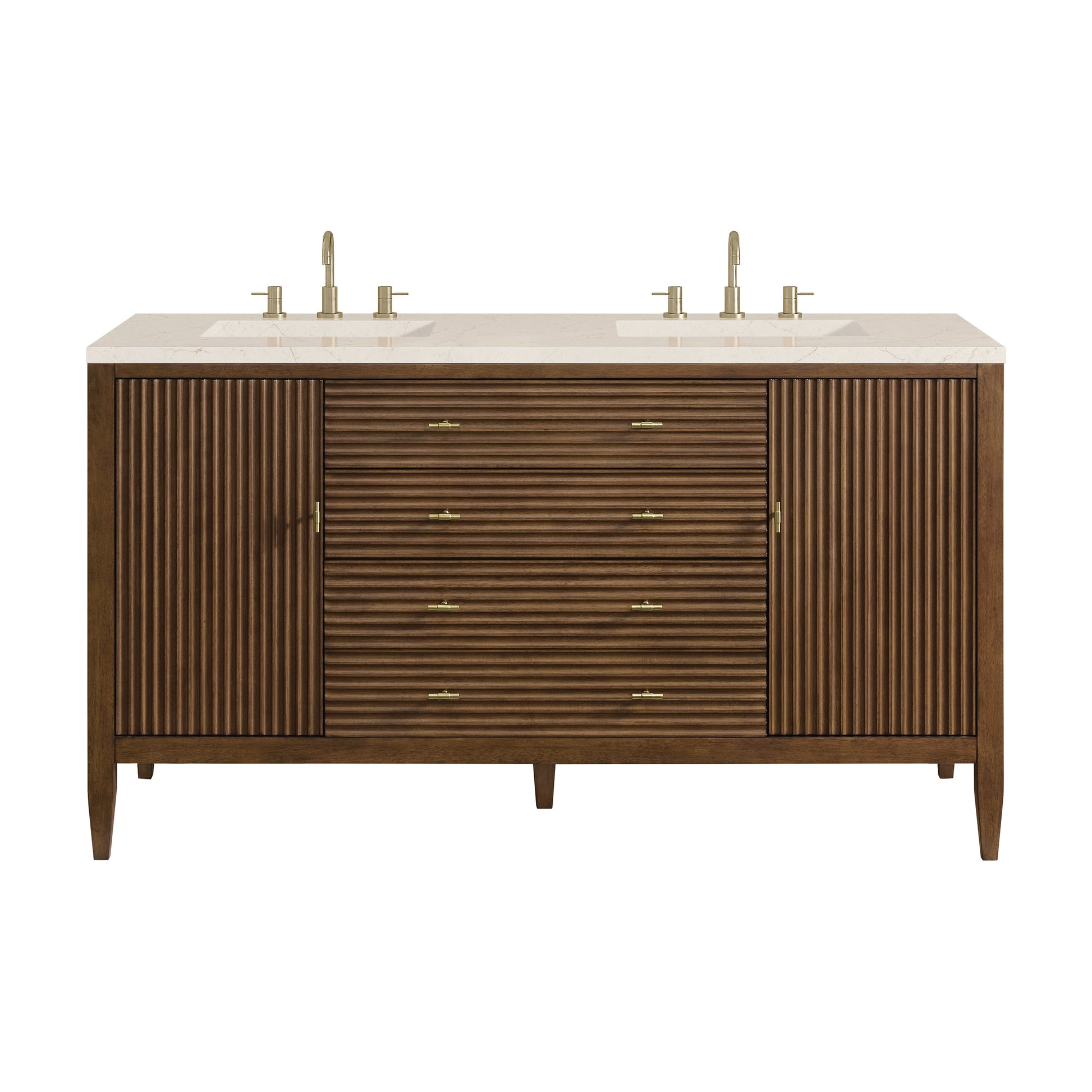 James Martin Vanities Myrrin 60" Mid Century Walnut Double Vanity With 3 cm Eternal Marfil Quartz Top