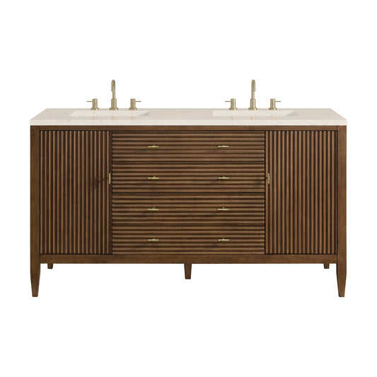 James Martin Vanities Myrrin 60" Mid Century Walnut Double Vanity With 3 cm Eternal Marfil Quartz Top