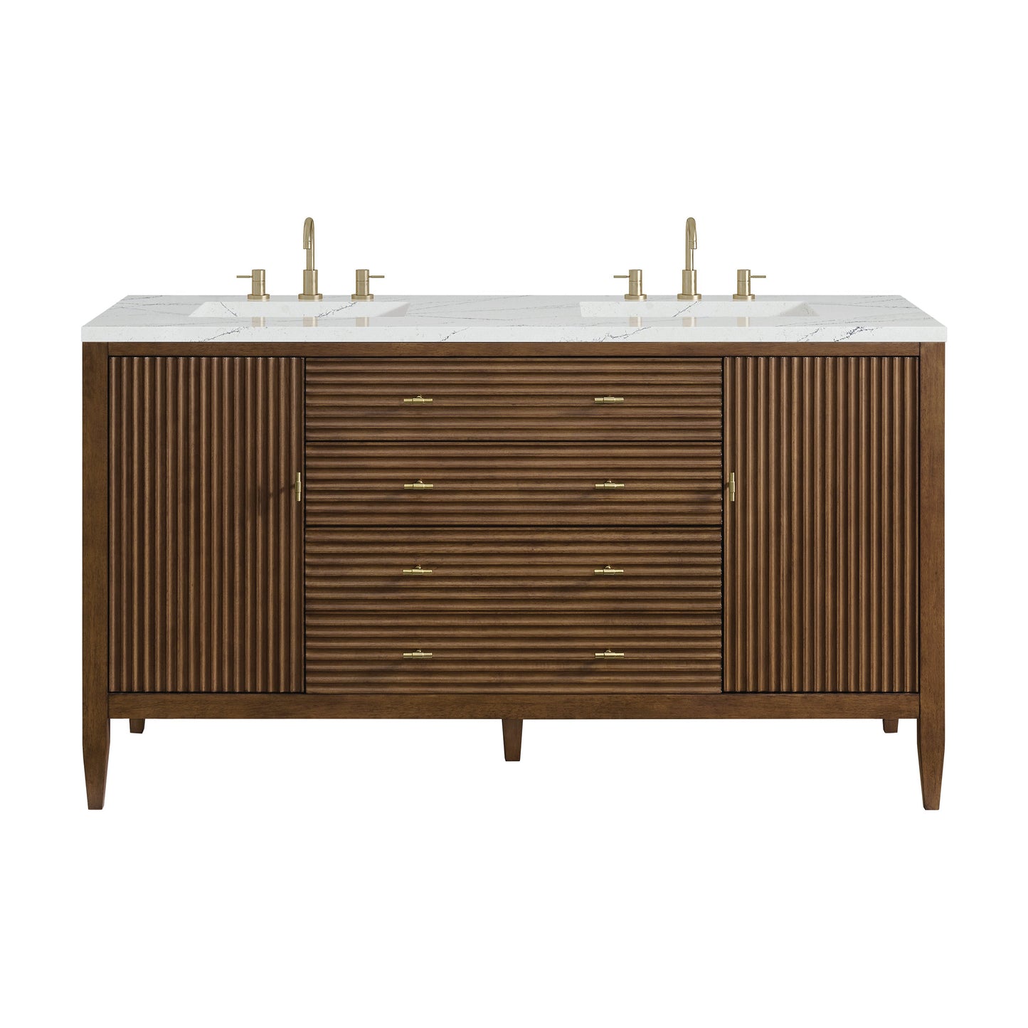 James Martin Vanities Myrrin 60" Mid Century Walnut Double Vanity With 3 cm Ethereal Noctis Quartz Top