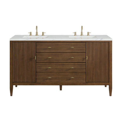 James Martin Vanities Myrrin 60" Mid Century Walnut Double Vanity With 3 cm Ethereal Noctis Quartz Top