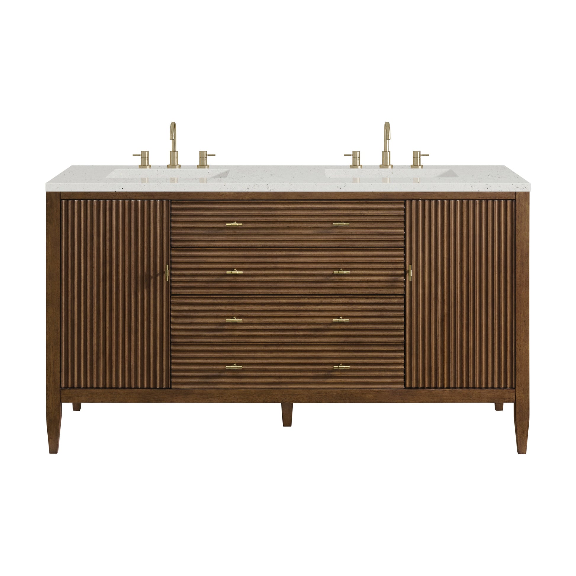 James Martin Vanities Myrrin 60" Mid Century Walnut Double Vanity With 3 cm Lime Delight Quartz Top