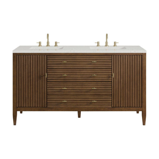 James Martin Vanities Myrrin 60" Mid Century Walnut Double Vanity With 3 cm Lime Delight Quartz Top