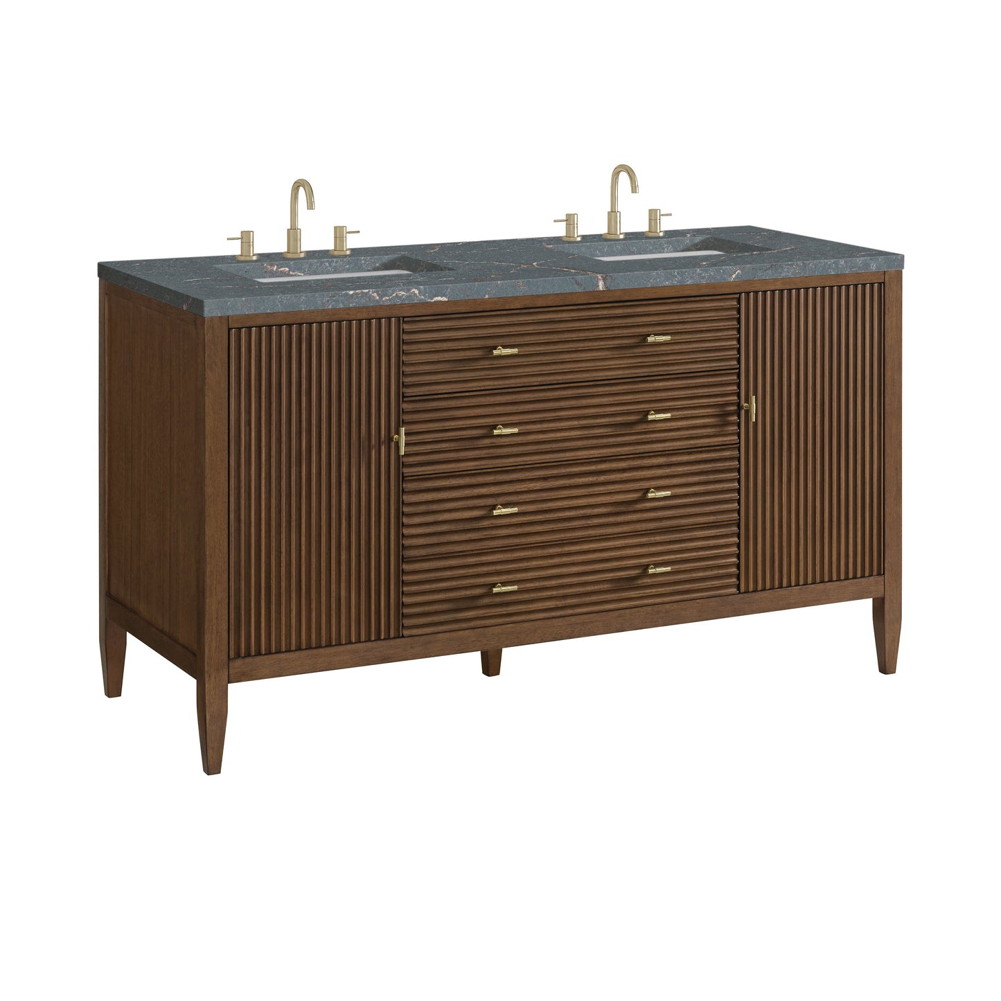 James Martin Vanities Myrrin 60" Mid Century Walnut Double Vanity With 3 cm Parisien Bleu Quartz Top