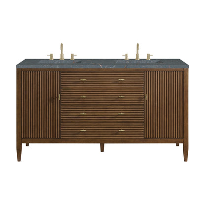 James Martin Vanities Myrrin 60" Mid Century Walnut Double Vanity With 3 cm Parisien Bleu Quartz Top