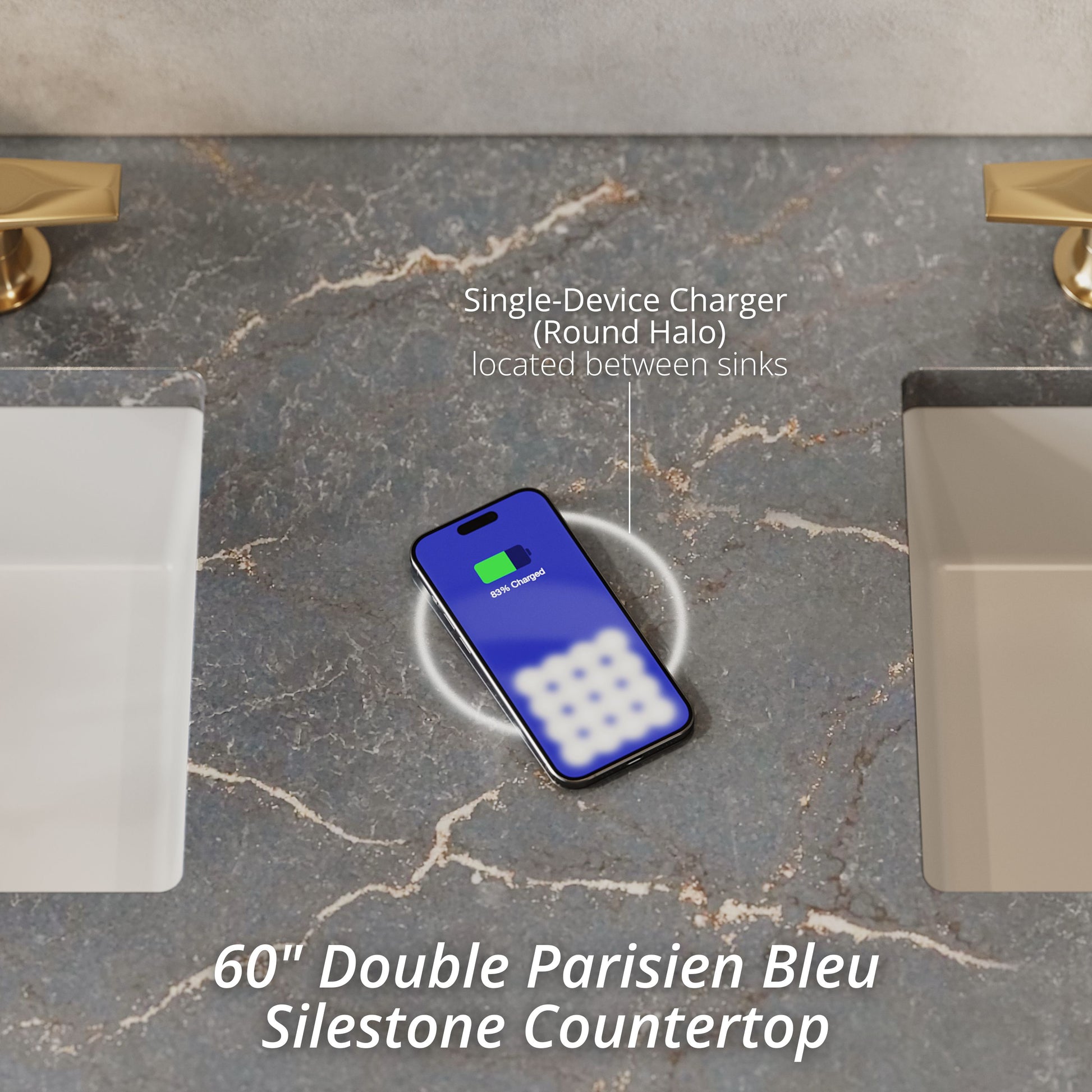 James Martin Vanities Myrrin 60" Mid-Century Walnut Double Vanity With 3 cm Parisien Bleu Silestone Top and FreePower Wireless Charger