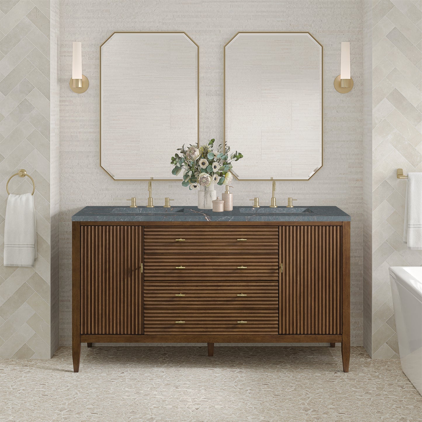 James Martin Vanities Myrrin 60" Mid-Century Walnut Double Vanity With 3 cm Parisien Bleu Silestone Top and FreePower Wireless Charger