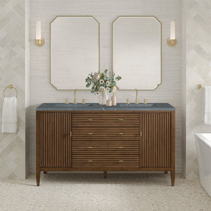James Martin Vanities Myrrin 60" Mid-Century Walnut Double Vanity With 3 cm Parisien Bleu Silestone Top and FreePower Wireless Charger