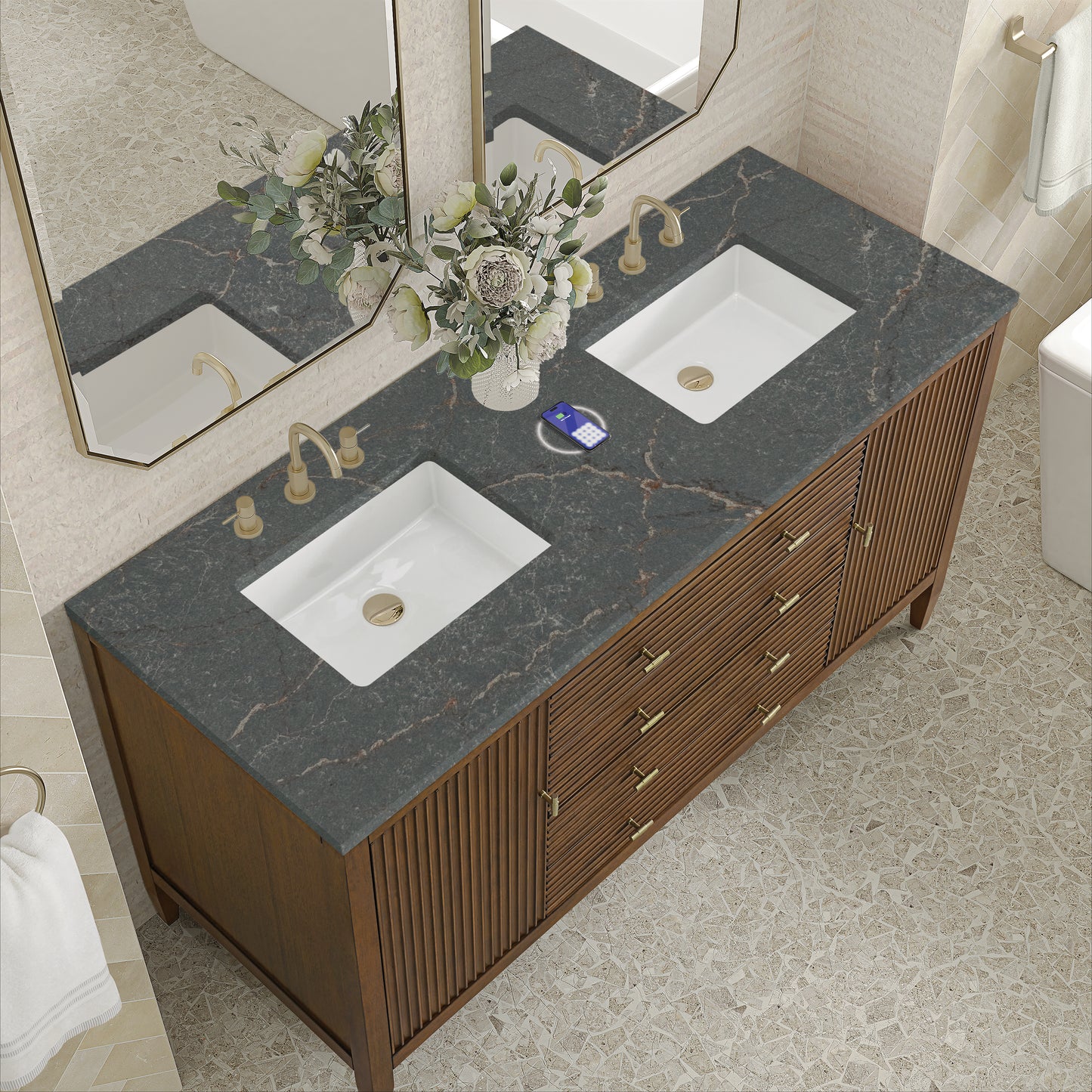 James Martin Vanities Myrrin 60" Mid-Century Walnut Double Vanity With 3 cm Parisien Bleu Silestone Top and FreePower Wireless Charger