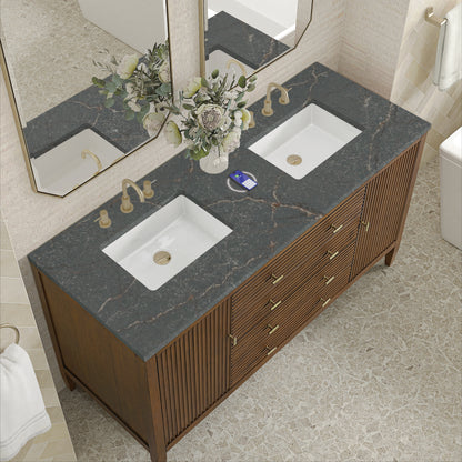 James Martin Vanities Myrrin 60" Mid-Century Walnut Double Vanity With 3 cm Parisien Bleu Silestone Top and FreePower Wireless Charger