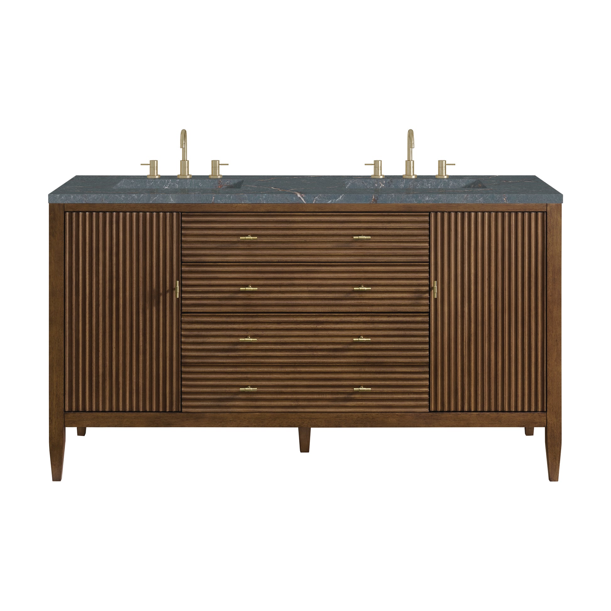 James Martin Vanities Myrrin 60" Mid-Century Walnut Double Vanity With 3 cm Parisien Bleu Silestone Top and FreePower Wireless Charger