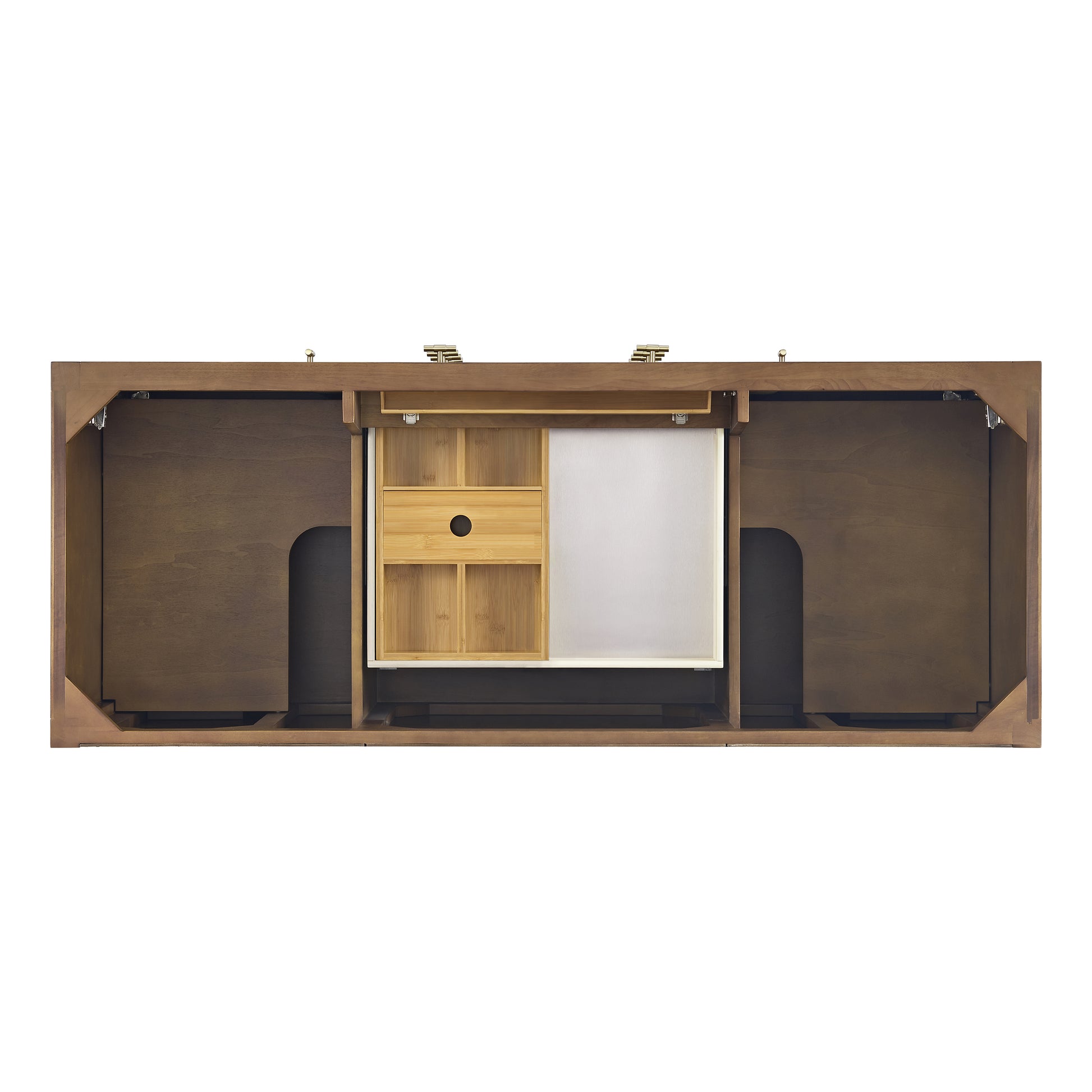 James Martin Vanities Myrrin 60" Mid-Century Walnut Double Vanity With 3 cm Victorian Silver Silestone Top and FreePower Wireless Charger