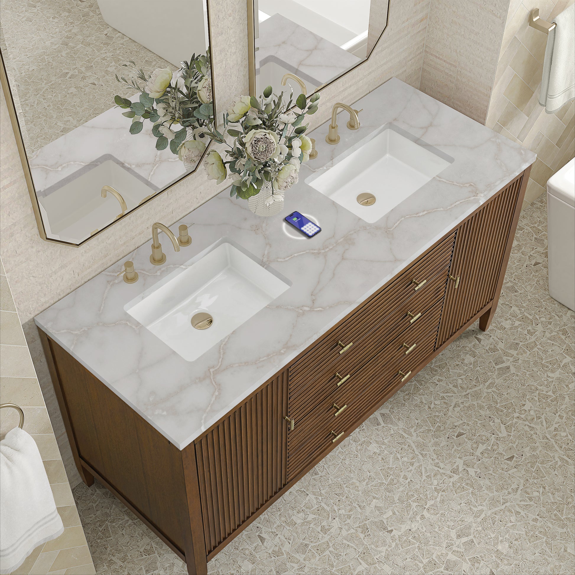 James Martin Vanities Myrrin 60" Mid-Century Walnut Double Vanity With 3 cm Victorian Silver Silestone Top and FreePower Wireless Charger