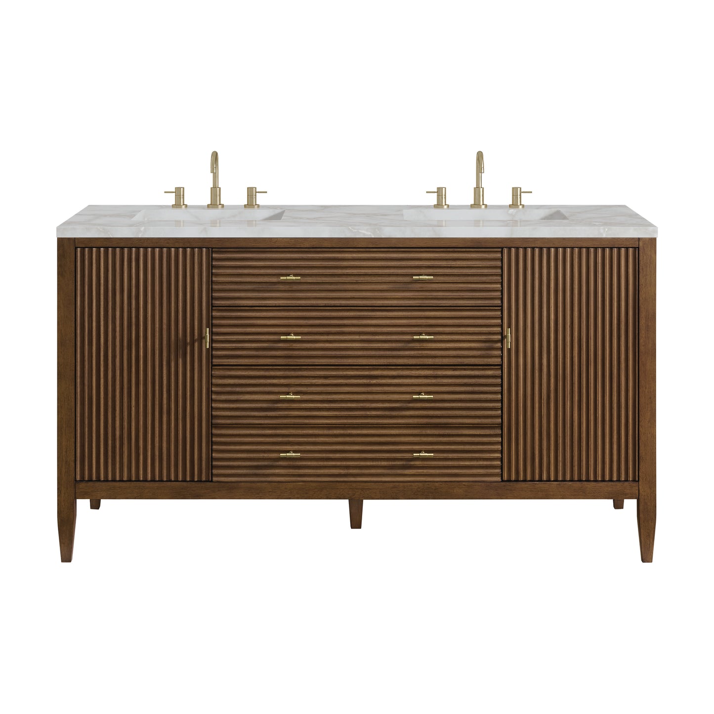 James Martin Vanities Myrrin 60" Mid-Century Walnut Double Vanity With 3 cm Victorian Silver Silestone Top and FreePower Wireless Charger