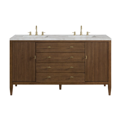 James Martin Vanities Myrrin 60" Mid-Century Walnut Double Vanity With 3 cm Victorian Silver Silestone Top and FreePower Wireless Charger