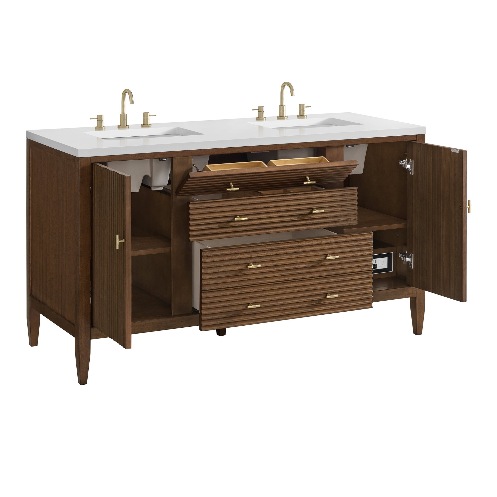 James Martin Vanities Myrrin 60" Mid Century Walnut Double Vanity With 3 cm White Zeus Quartz Top