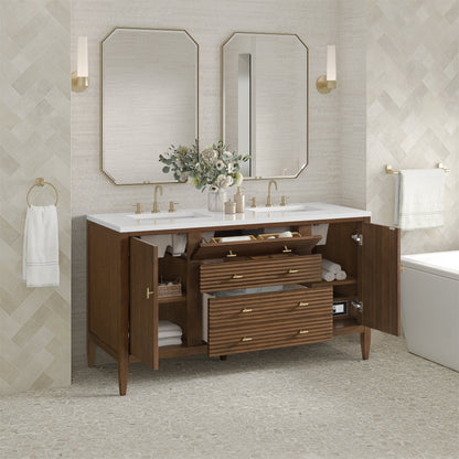 James Martin Vanities Myrrin 60" Mid Century Walnut Double Vanity With 3 cm White Zeus Quartz Top