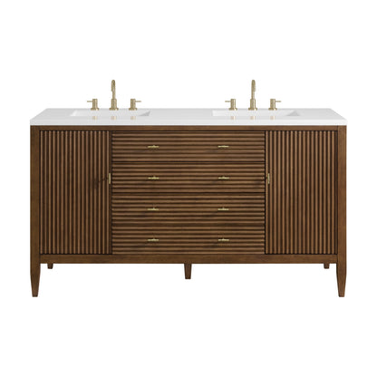 James Martin Vanities Myrrin 60" Mid Century Walnut Double Vanity With 3 cm White Zeus Quartz Top